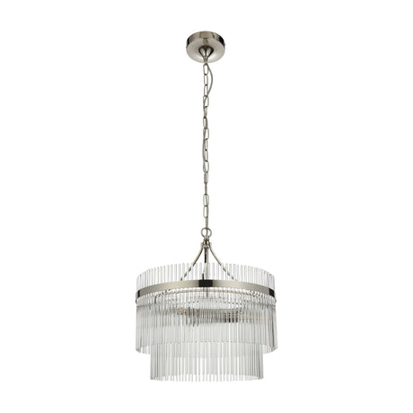 Gallery Direct Vantessa Glass Rod Tiered Pendant 3 Light in bright nickel with two tiers of clear glass rods and chain suspension on a white background.