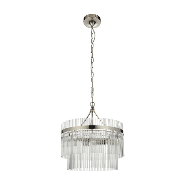 Gallery Direct Vantessa Glass Rod Tiered Pendant 3 Light in bright nickel with two tiers of clear glass rods and chain suspension on a white background.