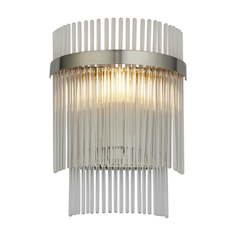 Gallery Direct Vantessa Wall Light with two tiers of clear glass rods and a bright nickel curved metal band, shown lit on a white background.