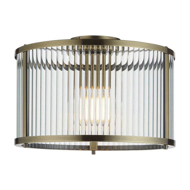 Ridgeton Flush Ceiling Light with Ribbed Glass 3 Light – Antique Brass