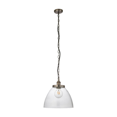 Gallery Direct Sarwen Grand glass pendant light with clear domed shade, brushed silver fitting and chain suspension on a white background.