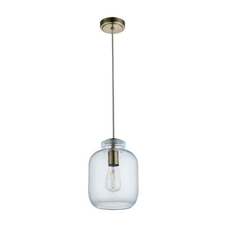 Gallery Direct Sylanne pendant light with a textured clear glass jar shade, antique brass fittings and fabric flex, shown on a plain white background.