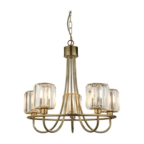 Gallery Direct Veranelle 5 Light Chandelier in antique brass with curved arms and clear faceted cut glass shades, suspended from a chain.
