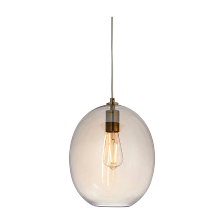 Gallery Direct Weslenna oval champagne glass pendant light with satin brass fitting and exposed filament E27 bulb, shown on a plain white background.