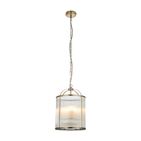 Gallery Direct Vanwenna lantern pendant with antique brass frame, ribbed clear glass drum shade, and matching chain suspension on a white background.