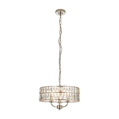 Livael Crystal Pendant Light by Gallery Direct with a round faceted crystal drum shade, three lights and bright nickel chain suspension on white.