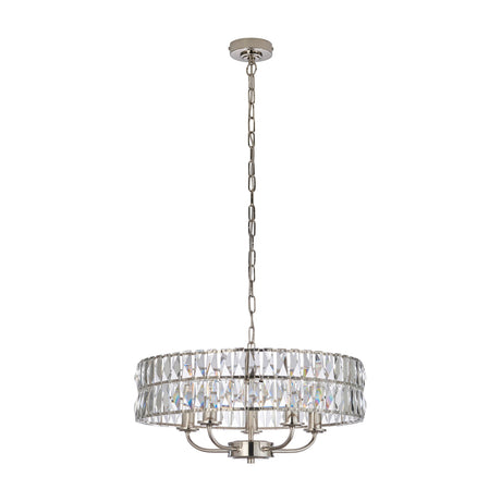 Gallery Direct Livael Crystal 5 Light Pendant with drum-shaped faceted crystal shade and bright nickel frame on a chain suspension, white background.
