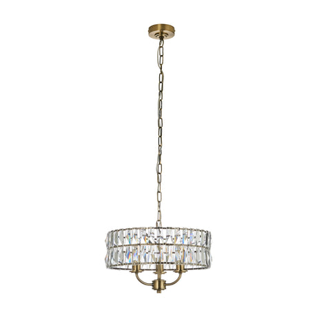 Gallery Direct Livael 3-light crystal pendant with round faceted glass drum shade and antique brass chain suspension on a white background.