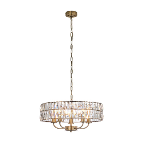 Gallery Direct Livael Crystal 5 Light Pendant in antique brass, a drum chandelier with faceted glass crystals and chain suspension on a white background.