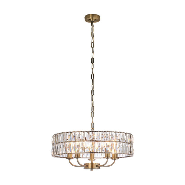 Gallery Direct Livael Crystal 5 Light Pendant in antique brass, a drum chandelier with faceted glass crystals and chain suspension on a white background.