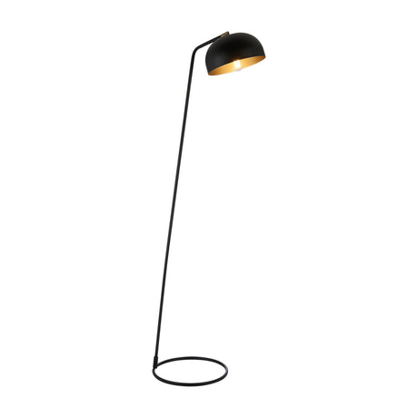 Gallery Direct Bravisse floor lamp with slim angled steel stem, matt black dome shade with antique brass interior, and looped circular base.