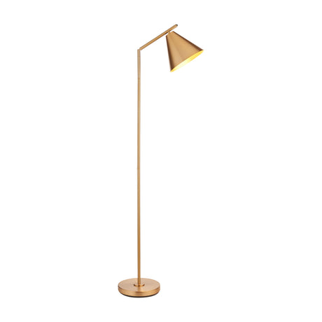 Gallery Direct Kessora Floor Lamp in antique brass steel with slim stem, adjustable arm, conical shade and weighted round base on a white background.