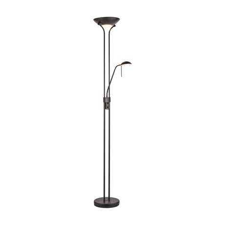Gallery Direct Romvael Mother and Child floor lamp in matt black with steel column, uplighter bowl, adjustable gooseneck reading arm, and round weighted base.