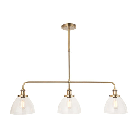 Gallery Direct Sarwen 3 light bar pendant in antique brass with three clear domed glass shades and filament bulbs on an adjustable drop rod.