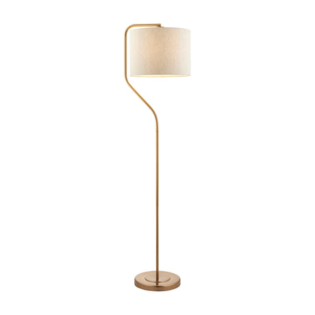 Gallery Direct Clevanne floor lamp with a curved brushed aged brass steel frame and cream linen-look drum shade on a weighted round base.