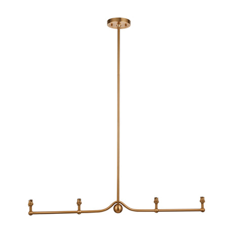 Gallery Direct Norvael linear 4 light pendant in brushed aged brass with slim horizontal bar, central drop rod, spherical detail and exposed lamp holders.