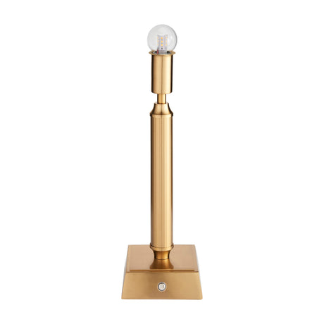 Gallery Direct Trovael rechargeable table lamp base in brushed aged brass with a fluted column, squared plinth, base button, and exposed bulb.