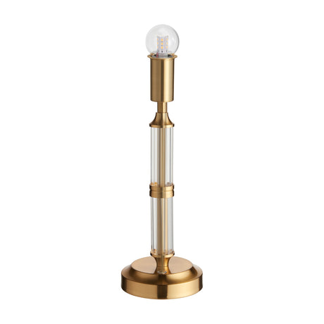 Gallery Direct Morvenne rechargeable table lamp with brushed aged brass column, clear acrylic sections, exposed LED globe bulb and round base.