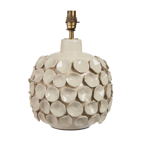 Gallery Direct Borisse ivory ceramic table lamp base with overlapping petal texture, crackle glaze finish and antique brass B22 fitting on a white background.