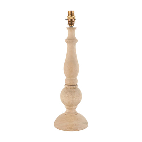 Gallery Direct Hidvorne turned table lamp base in natural wood with a candlestick profile, brass B22 lamp holder, and domed base on a white background.