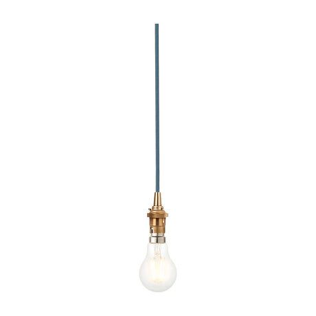Gallery Direct Adwen Bare Bulb Pendant with aged brass bayonet holder, blue fabric flex and clear filament bulb, on a white background.