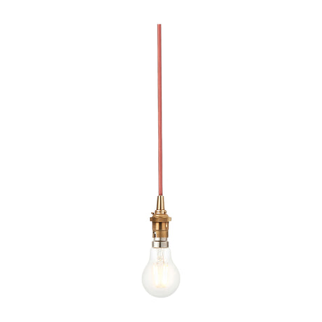 Gallery Direct Adwen Bare Bulb Pendant 1 Light with aged brass bayonet holder, red fabric flex and clear filament bulb on a white background.