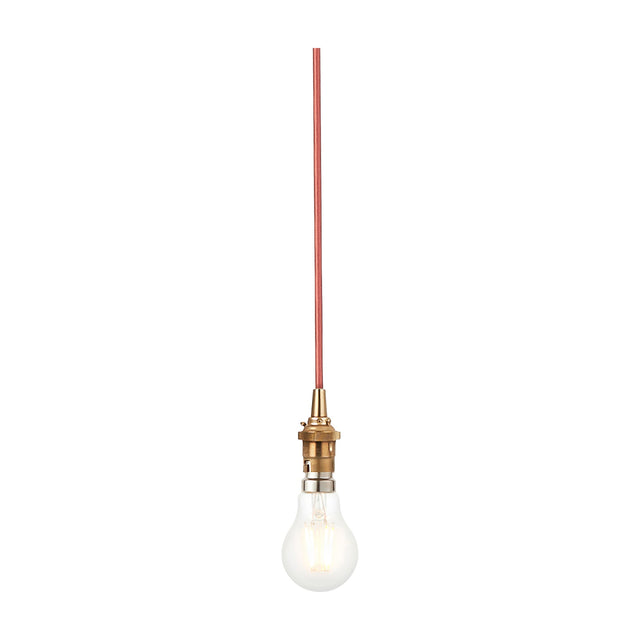 Gallery Direct Adwen Bare Bulb Pendant 1 Light with aged brass bayonet holder, red fabric flex and clear filament bulb on a white background.