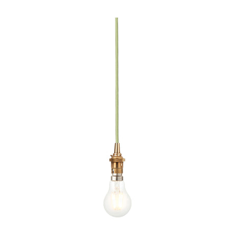 Gallery Direct Adwen Bare Bulb Pendant with aged brass bayonet holder, green fabric-covered flex and a clear filament bulb on a white background.