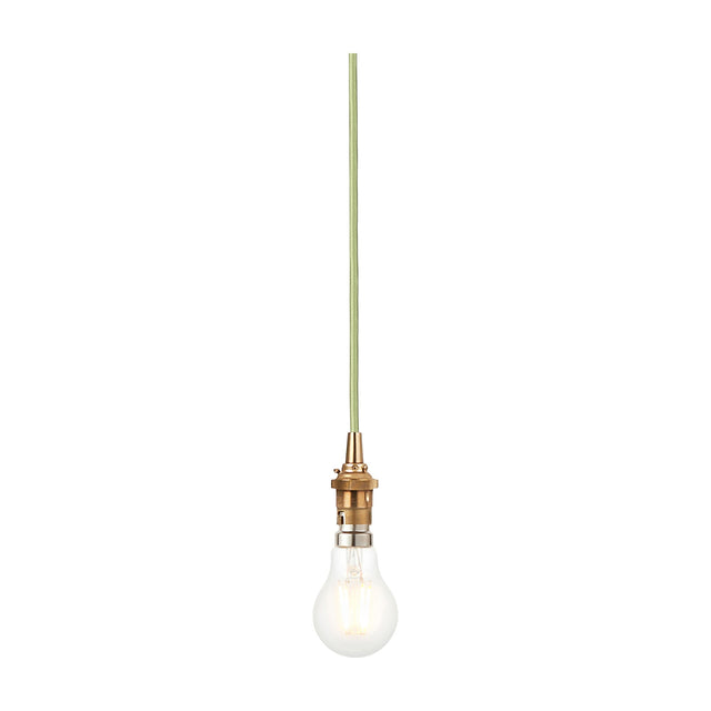 Gallery Direct Adwen Bare Bulb Pendant with aged brass bayonet holder, green fabric-covered flex and a clear filament bulb on a white background.