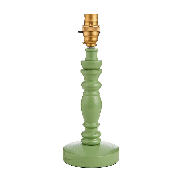 Gallery Direct Bevanne turned ash wood table lamp base in Cotswold Green with a brass lamp holder and round foot, shown on a white background.