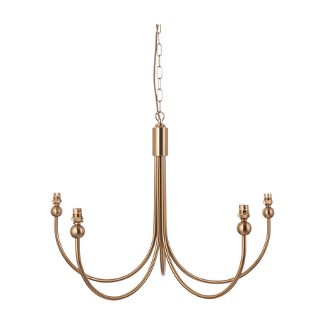 Gallery Direct Norvael 5 Light Curved Pendant in brushed aged brass with sweeping arms, ball details and suspension chain on a white background.