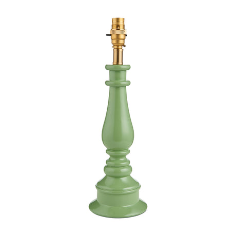 Gallery Direct Myrvael table lamp base in Cotswold Green painted resin with turned baluster shape and brass B22 lampholder on a white background.