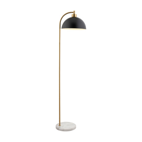 Gallery Direct Buvanne floor lamp with matt black domed shade, arched brushed brass stem and round white marble base on a plain background.