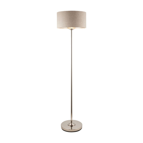 Gallery Direct Clervorne Floor Lamp with slim brushed chrome stem, weighted circular base and natural linen drum shade, on a white background.