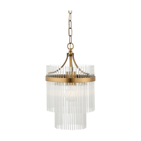 Gallery Direct Vantessa two-tier pendant light with clear glass rods suspended from an antique brass ring and chain on a white background.