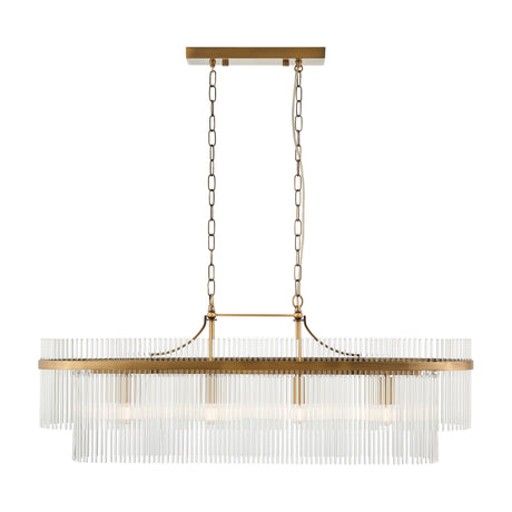 Gallery Direct Vantessa linear 4-light pendant with tiered clear glass rods and antique brass frame suspended from twin chains on a white background.