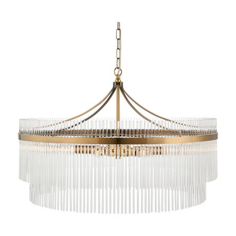 Gallery Direct Vantessa Grand 7-light chandelier in antique brass with two tiers of clear glass rods and chain suspension, on a white background.