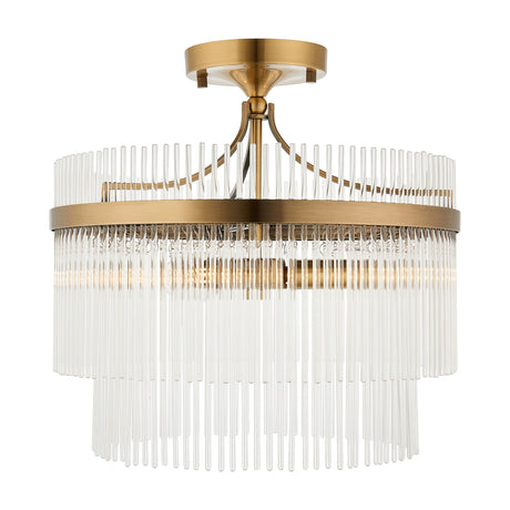 Gallery Direct Vantessa tiered semi-flush ceiling light with clear glass rods in graduated layers on an antique brass frame and canopy.