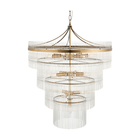 Gallery Direct Vantessa 16-light tiered chandelier with clear glass rods cascading from an antique brass frame in five graduated rings.