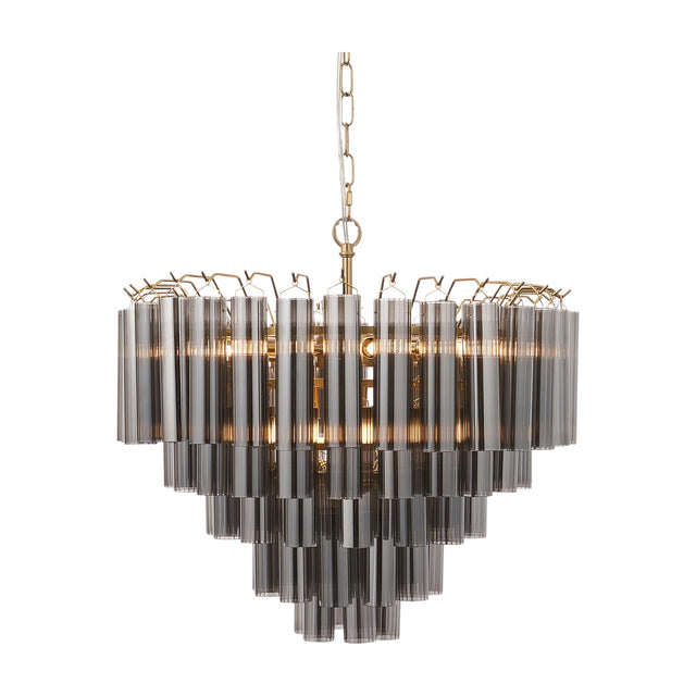 Gallery Direct Wyndelle 12 light tiered chandelier with smokey grey glass rods and brass frame, suspended from a chain on a white background.