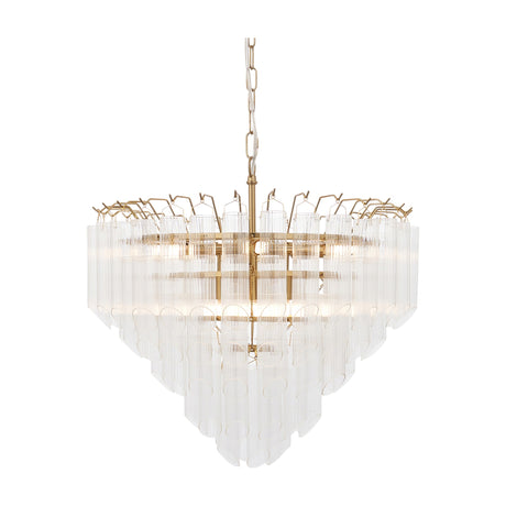 Gallery Direct Wyndelle 12 light tiered chandelier with clear glass rods and brass frame, suspended from a chain on a white background.