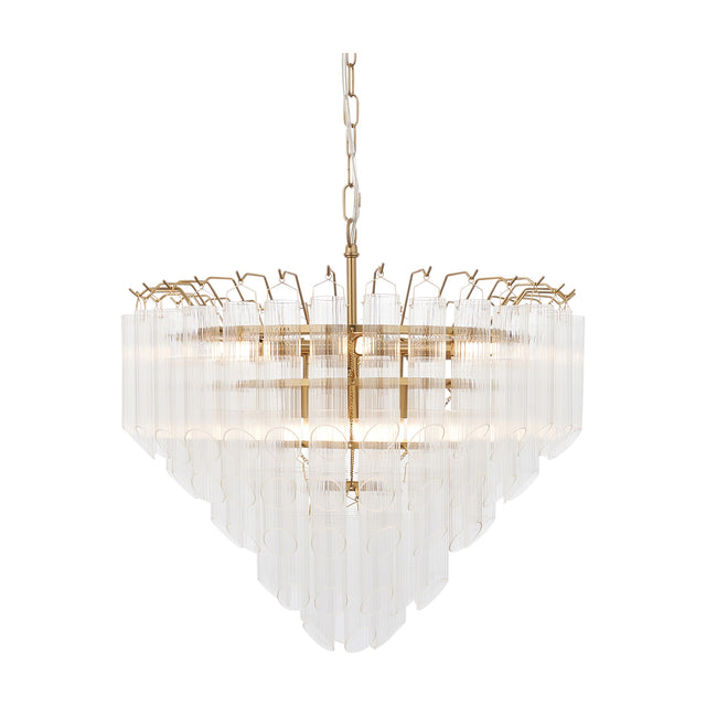 Gallery Direct Wyndelle 12 light tiered chandelier with clear glass rods and brass frame, suspended from a chain on a white background.