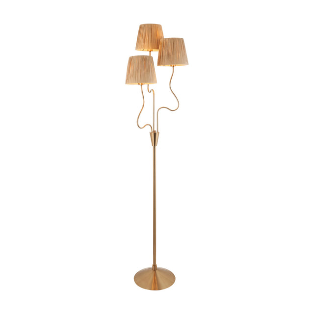 Gallery Direct Ombressa 3-light floor lamp with pleated natural raffia shades on curving brushed aged brass arms and round weighted base.