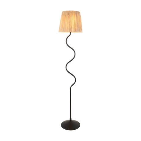 Gallery Direct Ombressa floor lamp with wavy matt black steel stem, round weighted base and tapered woven raffia shade on a white background.
