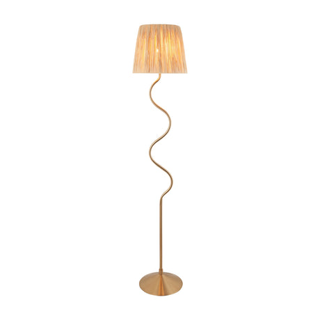 Gallery Direct Ombressa floor lamp with brushed brass wavy steel stem, round base and tapered woven raffia shade, shown on a white background.