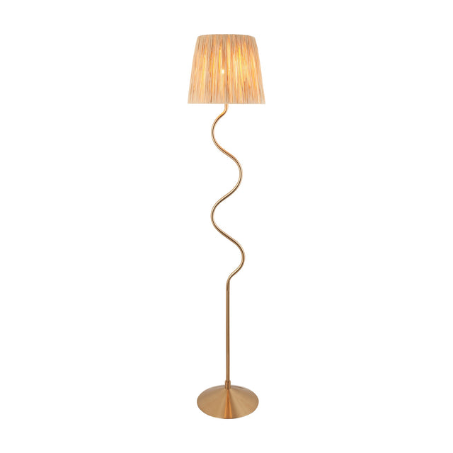 Gallery Direct Ombressa floor lamp with brushed brass wavy steel stem, round base and tapered woven raffia shade, shown on a white background.