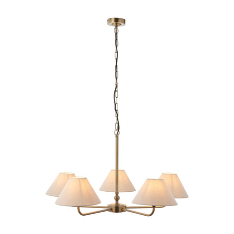 Gallery Direct Sovaine 5 Light Pendant in antique brass with five curved arms, cream fabric coolie shades, and chain suspension on a white background.