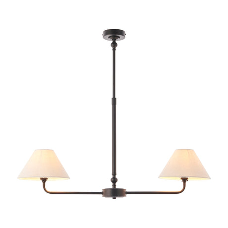 Gallery Direct Sovaine twin arm pendant light in matt black steel with long central stem and two tapered cream fabric shades, on a white background.