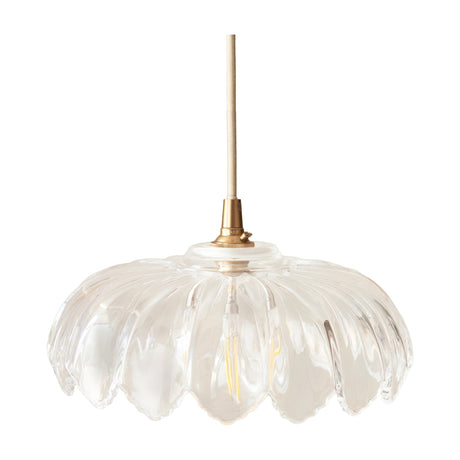 Gallery Direct Nerisse scalloped clear ribbed glass pendant light with brushed brass lampholder and cream fabric flex on a plain white background.