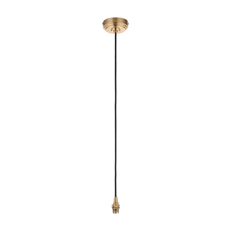 Gallery Direct Adwen Pendant Suspension with aged brass ceiling rose, black braided flex and exposed B22 bayonet lampholder on white.